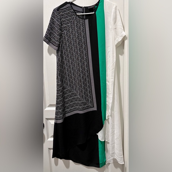 BCBGMaxAzria Adeline Asymmetrical Color Block Geo Print Midi Scarf Dress - Picture 2 of 9